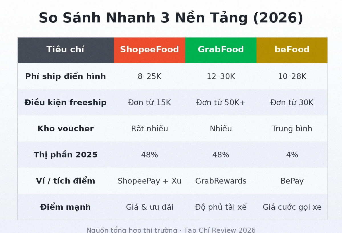 Bảng so sánh ShopeeFood GrabFood beFood 2026