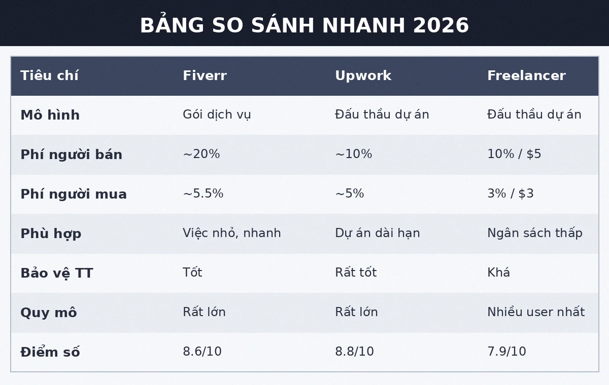 Bảng so sánh nhanh Fiverr Upwork Freelancer 2026