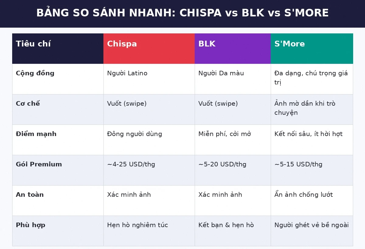 Bảng so sánh nhanh Chispa vs BLK vs S'More 2026